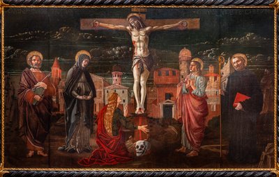 Korsfestet Kristus blant St. Peter, Jomfruen, Maria Magdalena, St. Johannes apostelen og St. Benedikt av Master of St. Peter in Vicenza