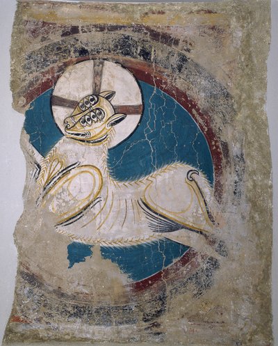 Apokalyptisk lam (fra Sant Climent de Tauell) - Master of Tahull (Master of Sant Climent de Tauell) (aktivt 1100-tall) - ca 1123 - Fresco - 146x113 - Museu Nacional d'Art de Catalunya, Barcelona av Master of Tahull