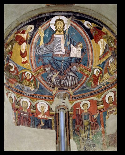 Kristus i Majestet flankert av serafer og symboler fra evangelistene, apsis freske fra San Climente i Taull (Tahull) Catalonia, ca. 1123 (fresco) av Master of Tahull