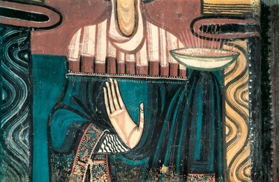 Jomfruen. Detalj. Freske av Mesteren av Saint Clement de Taull. 1123 ca. Fra apsis i kirken Saint Clement de Taull (Sant Climent i Taull). Nasjonalmuseet for kunst i Catalonia, Barcelona. av Master of Tahull