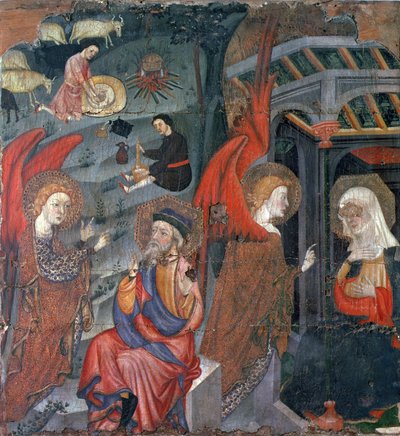 Bebudelsen med hyrder som lager ost i bakgrunnen, fra en altertavle dedikert til Jomfruen, fra Tora, Segarra, Lleida (tempera på panel) av Master of Tora