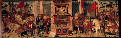 Ovenpå tar Didon imot ambassadørene til Enee til Troy. Detrempe på tre av Master De Tournon De Sainte Croix av Master of Tournon de Sainte Croix