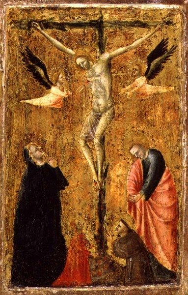 PD.8-1955 Korsfestelsen med jomfruen og SS. Johannes evangelisten, Frans av Assisi og Maria Magdalena, ca. 1345 (tempera på panel) av Master of Verrucchio