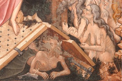"Resurrection" og "Descent into Limbo", Detalj av "Descent into Limbo": portene til helvete og figuren til djevelen på bakken, ca. 1420 (fresco) av Master of Vignola