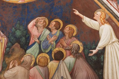 "The Ascension of Christ", Detalj med mannsfigurer og helgener, ca. 1420 (fresco) av Master of Vignola