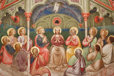 "Pinsen", Detalj med bedende helgener og jomfru Maria, og duen, ca. 1420 (fresco) av Master of Vignola
