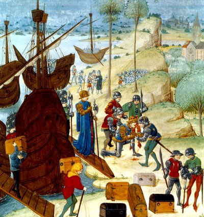 Kong Edward III ankom Saint Vaast La Hogue 12. juli 1346, illustrasjon fra Chroniques dAngleterre av Master of Wavrin