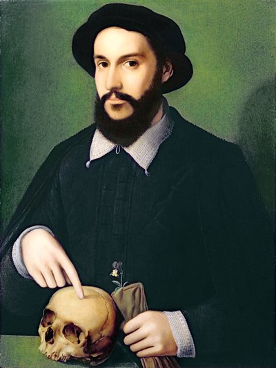 Portrett av en gentleman med høyre hånd peker på en hodeskalle, ca. 1540 av Master of the 1540s