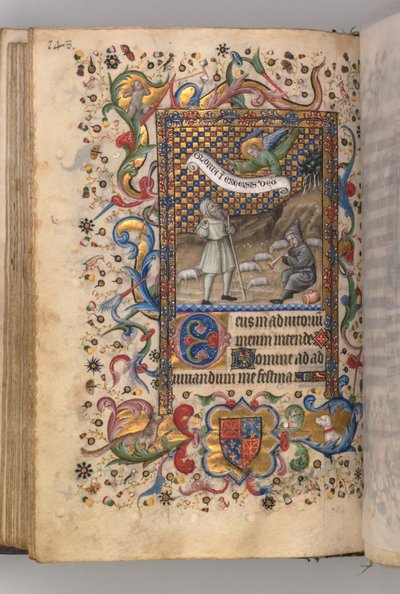 Timer for Karl den edle, konge av Navarra 1361-1425: Bebudelse til hyrdene...verso, c1 av Master of the Brussels Initials and Associates
