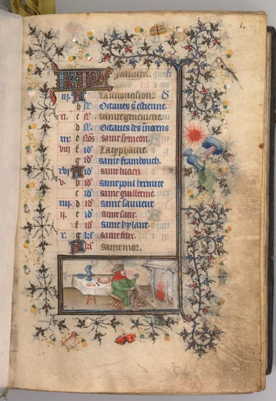 Timer for Karl den adelige, konge av Navarra 1361-1425: fol. 1r, januar, ca. 1405. av Master of the Brussels Initials and Associates