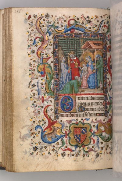 Timer for Karl den adelige, konge av Navarra 1361-1425: fol. 78v, Adoration of the Magi Sext, ca. av Master of the Brussels Initials and Associates