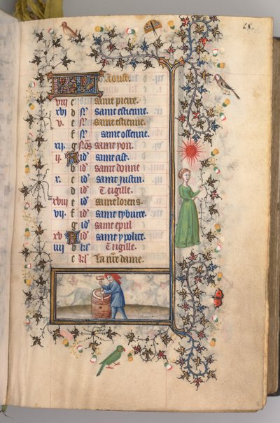 Timer for Karl den adelige, konge av Navarra 1361-1425: fol. 8r, august, ca. 1405. av Master of the Brussels Initials and Associates