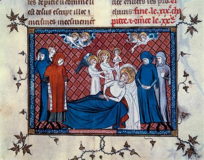 Saint Louis død i Tunis 25. august 1270. miniatyr fra manuskriptet "Life and Miracles of Saint Louis"" (side 277), belyst av Mahiet og skrevet av William av Saint-Pathus av Master of the Cambrai Missal Mahiet