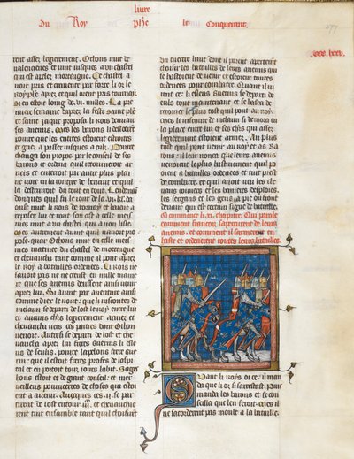 Royal 16 G. VI, f.377 Fransk hær på marsj til Bouvines, fra 