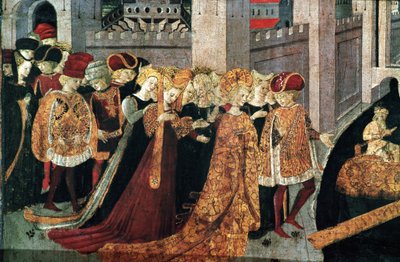 Decameron de Boccaccio (Jean Boccaccio): Chatelain Pericone ønsker Alatiel, datter av sultanen av Babylon Beminedab og hennes suite på øya Mallorca velkommen (Pericone da Visalgo ønsker Alatiel, datter av Beminedab, Sultanen av Babylon, velkommen på hei av Master of the Cassoni