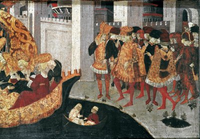 Decameron de Boccaccio (Jean Boccaccio): Chatelain Pericone ønsker Alatiel, datter av sultanen av Babylon Beminedab og hennes suite på øya Mallorca velkommen (Pericone da Visalgo ønsker Alatiel, datter av Beminedab, Sultanen av Babylon, velkommen på hei av Master of the Cassoni