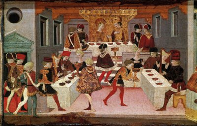 Decameron de Boccaccio (Jean Boccaccio): banketten organisert av Chatelain Pericone for å ønske Alatiel, datter av Sultanen av Babylon Beminedab og hennes suite på øya Mallorca velkommen (bankett arrangert av Pericone da Visalgo for å ønske Alatiel datter  av Master of the Cassoni