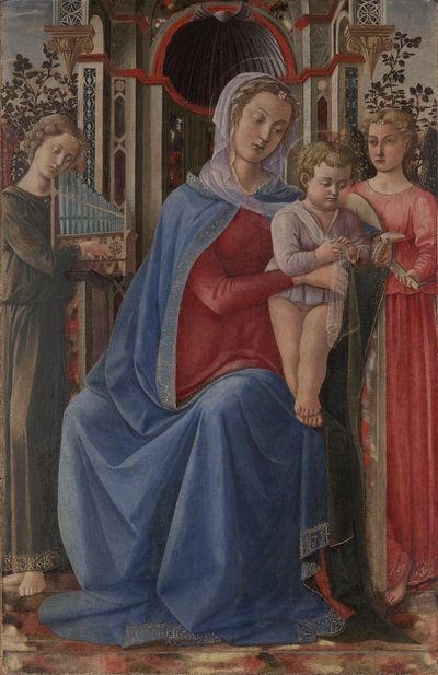 Jomfru og barn med to engler av Master of the Castello Nativity