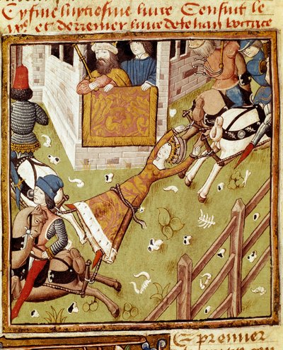 Brunehauts tortur: Brunehaut eller Brunehilde (543-613), fangen til Clotaire (Clothaire) II, blir revet i stykker av hester som trekker medlemmene fra hver side - Miniatyr av Mesteren til Damenes Mester fra manuskriptet "" Des hommes illustres """" 15 av Master of the Champion des Dames
