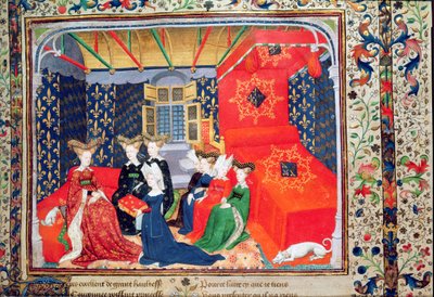 Harl 4431 fol.3 Christine de Pisan presenterer boken sin til dronning Isabella av Bayern, fra diktene til Christine de Pisan, ca. 1410-15 (vellum) av Master of the Cité des Dames