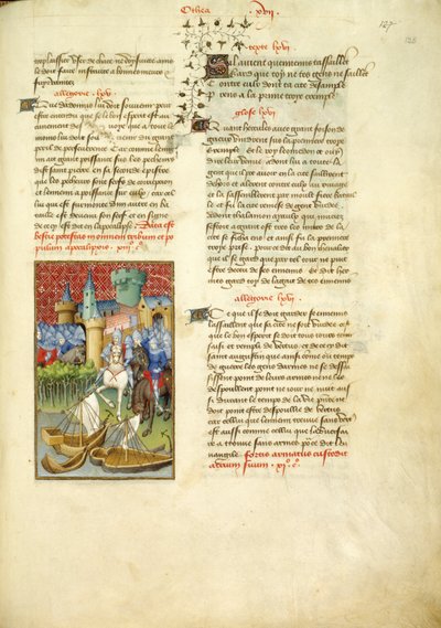 Harley 4431, fol.125, Telamons hær går inn i Troy, fra 