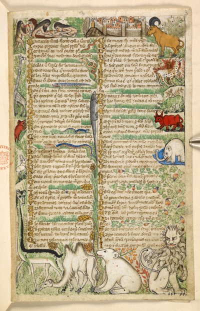 Legge til. 28841, f.3: Kannibaler, en by med murer, og eksotiske dyr, inkludert en sjiraff, løve, kamel og elefant, fra en avhandling om dyder og laster, og en anonym prosahistorie på Sicilia (fragment), ca. 1330- 40 (vellum) av Master of the Cocharelli Codex