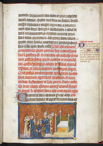 Cotton Tiberius B.VIII f.59 Erkebiskopen av Reims setter kronen på kongens hode, fra 'The Coronation Book of Charles V, King of France' av Master of the Coronation Book of Charles V