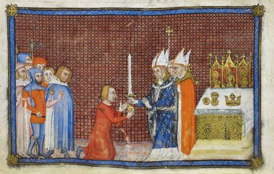 Cotton Tiberius B. VIII f.49v Erkebiskopen av Reims returnerer sverdet til kongen, illustrasjon fra 