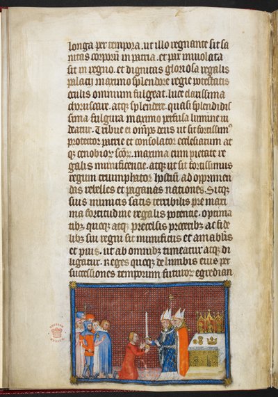 Cotton Tiberius B. VIII f.49v Erkebiskopen av Reims returnerer sverdet til kongen, illustrasjon fra 