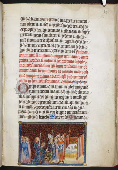 Cotton Tiberius B. VIII f.56r Erkebiskopen av Reims velsignelse av kongens hansker, fra 