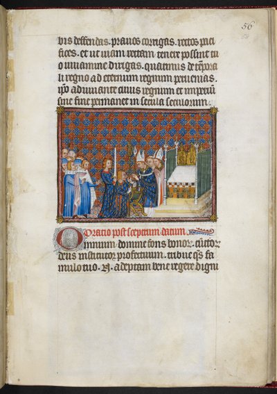 Cotton Tiberius B. VIII f.58r Kongen som mottar septeret og virgaen (