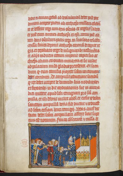 Cotton Tiberius B. VIII f.65v Kong Charles V kneler mens erkebiskopen av Rheims legger nattverdskiven i munnen hans, illustrasjon fra 
