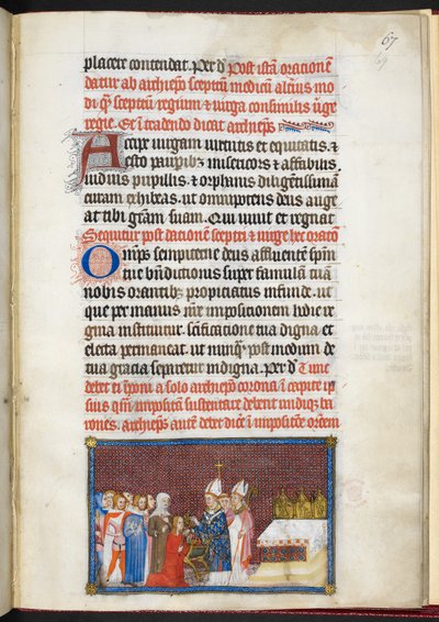 Cotton Tiberius B. VIII f.69r Dronningen mottar septeret og virgaen, fra 