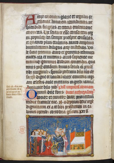 Cotton Tiberius B. VIII f.69v Erkebiskopen av Reims setter kronen på dronningens hode og baronene opprettholder kronen hennes, illustrasjon fra 'Kronningsboken til Charles V, kongen av Frankrike' av Master of the Coronation Book of Charles V