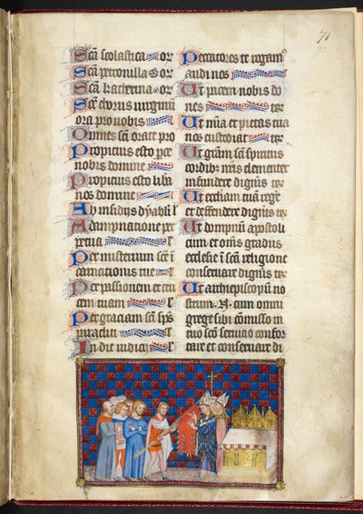 Cotton Tiberius B. VIII f.73r, Erkebiskopen av Reims velsigner Oriflamme, illustrasjon fra 