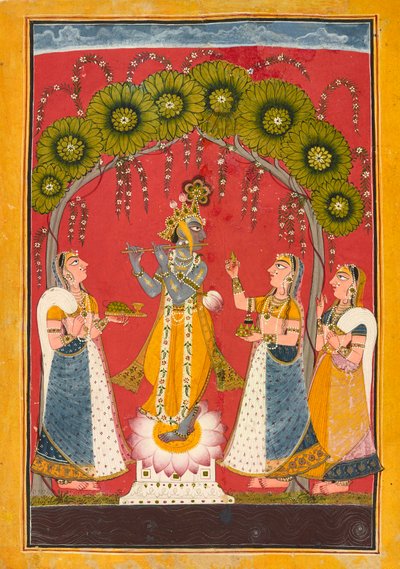 Krishna Floating, Folio fra en Dasavatar-serie, ca. 1730. av Master of the Court of Mankot