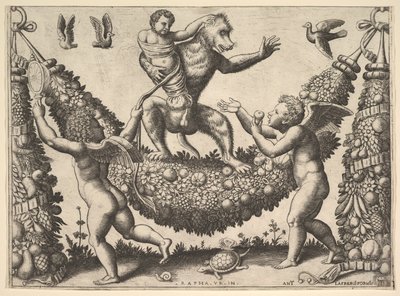 En ape som holder en bundet putto stående på en krans foran som er to bevingede p..., 1530-60. av Master of the Die