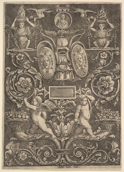 Et panel av ornament, putti stående på overflødighetshorn i nedre del, 1530-60. av Master of the Die