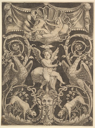 Et ornamentpanel med en putto i midten som holder en vindmølle, 1532. av Master of the Die
