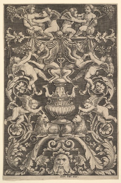 Et panel av ornament med putti, geit og andre figurer, 1530-60. av Master of the Die
