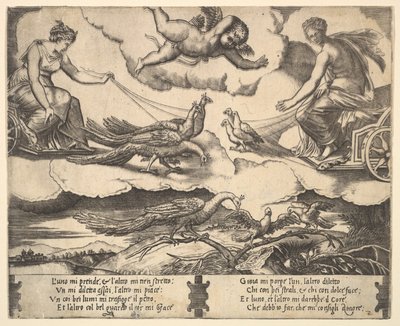 Allegory of Marriage and Love, Juno i en vogn trukket av påfugler til venstre, Venus i en ..., 1530-60. av Master of the Die
