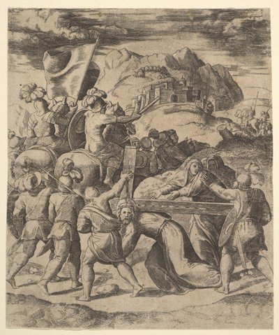 Kristus bærer korset omgitt av soldater, flere på hesteryggen, 1530-60. av Master of the Die