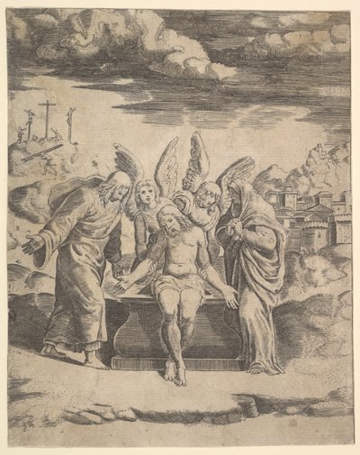 Kristus satt på graven støttet av engler, 1530-60. av Master of the Die