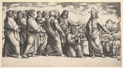 Kristus står til venstre og viser til en flokk sauer, foran ham kneler St. Peter hol..., 1530-60. av Master of the Die