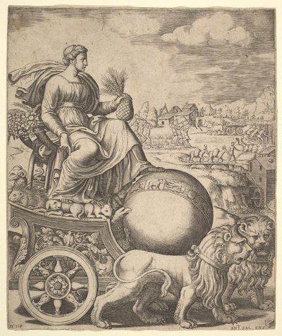 Cybele i sin vogn trukket av to løver, 1530-60. av Master of the Die
