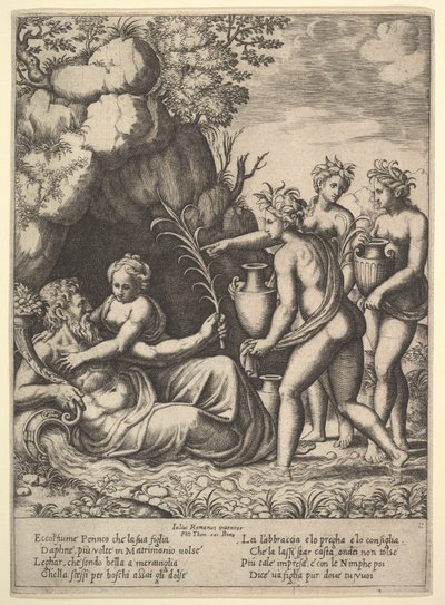 Daphne omfavner sin far, elveguden Peneus, til venstre bringer tre nymfer krukker ..., 1530-60. av Master of the Die