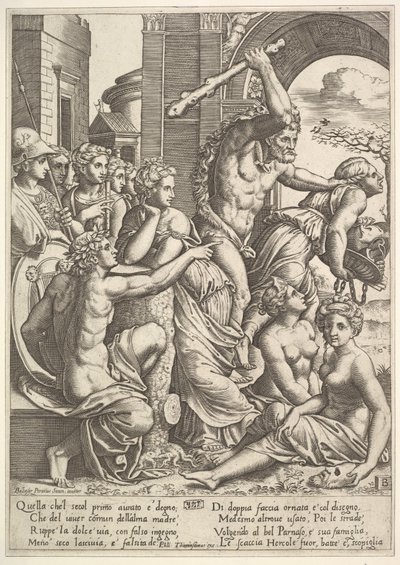 Misunnelse eller grådighet til høyre blir drevet fra musenes tempel av Hercules som ..., 1530-60. av Master of the Die