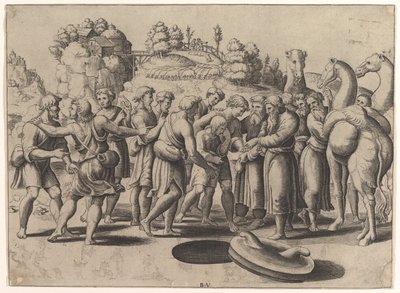 Joseph i sentrum ble solgt av brødrene hans som sto over en brønn, kameler til høyre, 1533. av Master of the Die