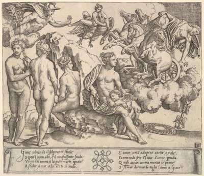 Jupiter velter fra en hestevogn til høyre, Ganymedes i form av en ørn..., 1530-60. av Master of the Die