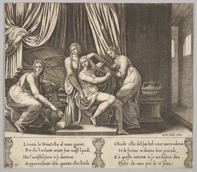 Plate 10: nymfer som hjelper Psyche med å kle håret hennes, fra 'The Fable of Psyche', 1530-60. av Master of the Die